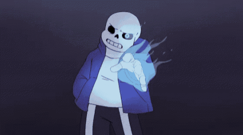 a cartoon of a skeleton holding a blue flame in his hand