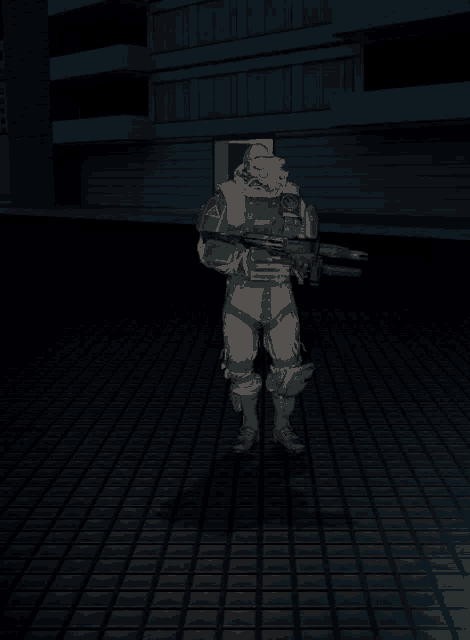 a soldier in a video game is holding a rifle and wearing a helmet
