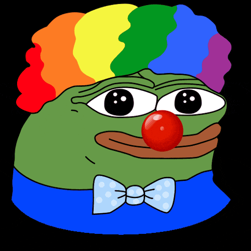 a green frog wearing a clown costume with a red nose
