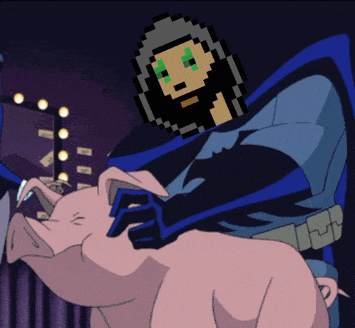a pixel art of a person holding a pig