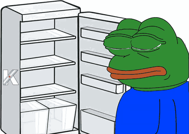 a green frog is standing in front of an empty refrigerator with the letter k on it