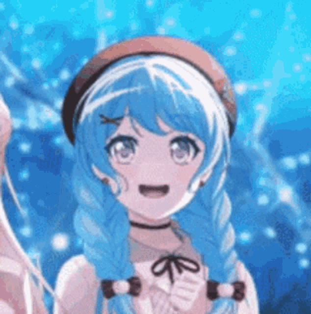 a close up of a girl with blue hair wearing a hat and a choker .
