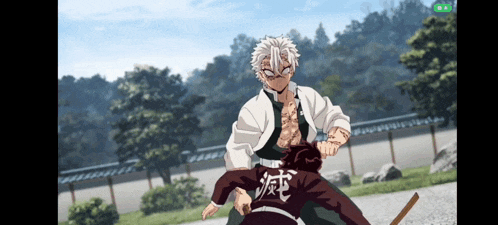 a man with white hair is fighting another man with chinese writing on their backs
