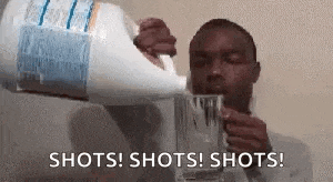 a man is pouring milk into a glass with the words `` shots ! shots ! shots ! ''