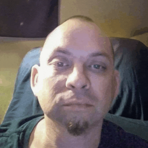 a bald man with a beard is sitting on a couch and looking at the camera .