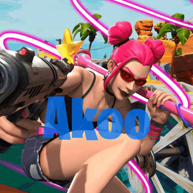 a girl with pink hair is holding a gun and the word akoo is on the bottom right