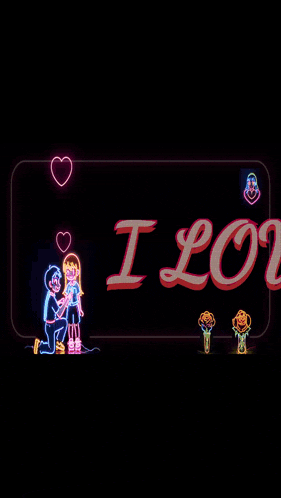 a neon sign that says `` i love you '' with a man kneeling down and proposing to a woman .
