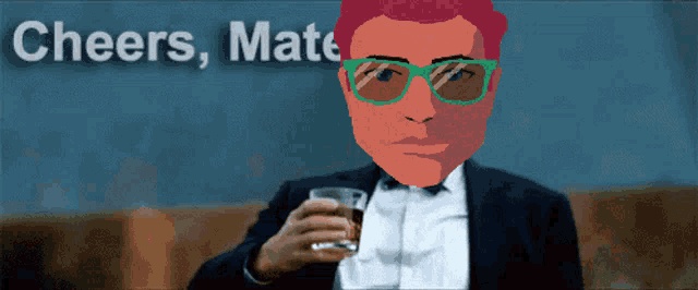 a man in a suit is holding a glass of whiskey in front of a cheers mate sign