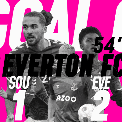 an advertisement for everton fc shows three soccer players and the numbers 1 and 2