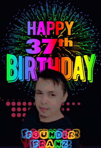 a poster that says happy 37th birthday with a man in the background