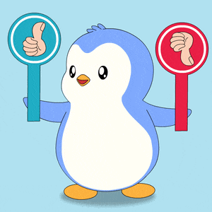 a cartoon penguin is holding up a thumbs up and a thumbs down sign