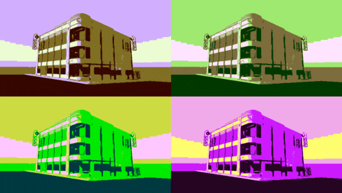 four different colored images of a building with the word coca cola on the side