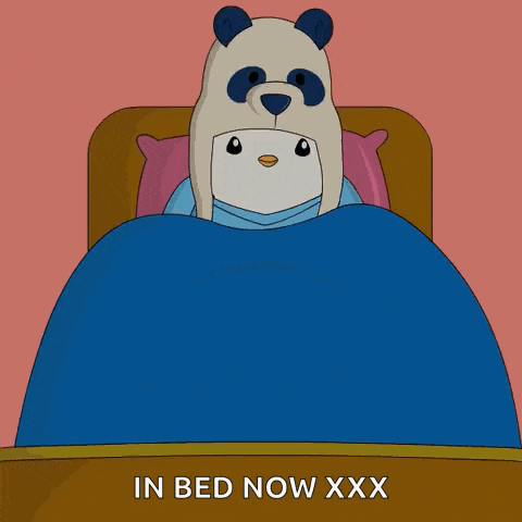 a cartoon of a panda and penguin laying in bed with the words in bed now xxx below them