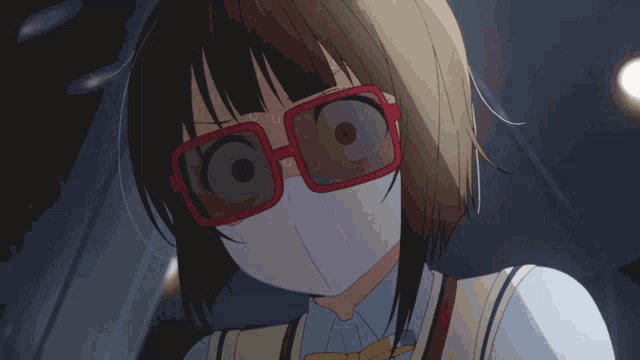 a girl wearing glasses and a mask with a smiley face on her face