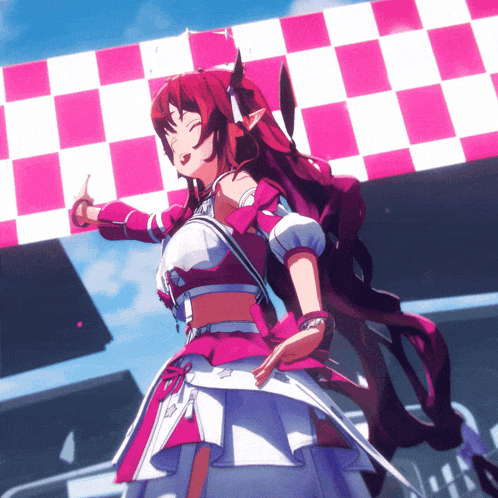 a girl with long red hair is holding a pink and white checkered banner