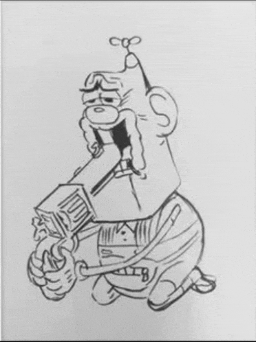 a black and white drawing of a cartoon character holding a box and a pipe .