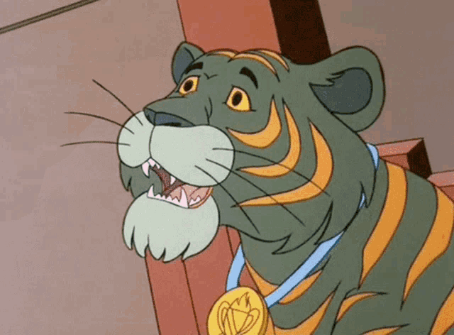 a cartoon of a woman kissing a tiger with a gold medal around its neck