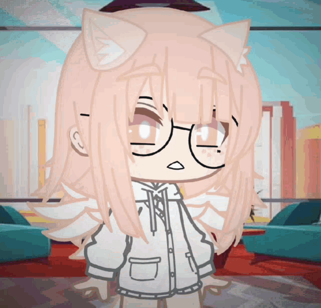 a girl with cat ears and glasses is standing in a living room