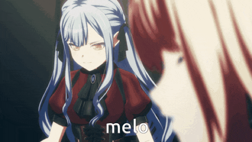 a girl with long blue hair is standing next to another girl with red hair and the word melo written in the corner