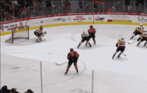 a hockey game is being played in front of a banner that says peanut 's