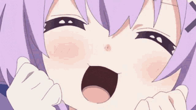 a close up of a purple haired anime girl making a funny face with her mouth open .