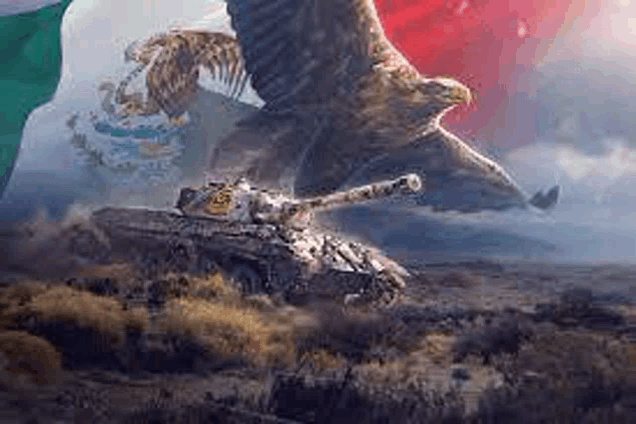 a painting of a tank with an eagle flying over it and a mexican flag in the background .