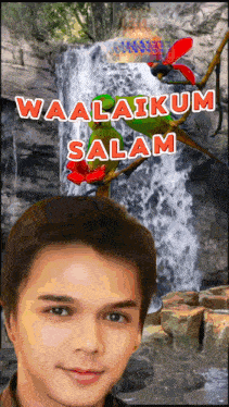 a man stands in front of a waterfall with the words waalaikum salam on the bottom