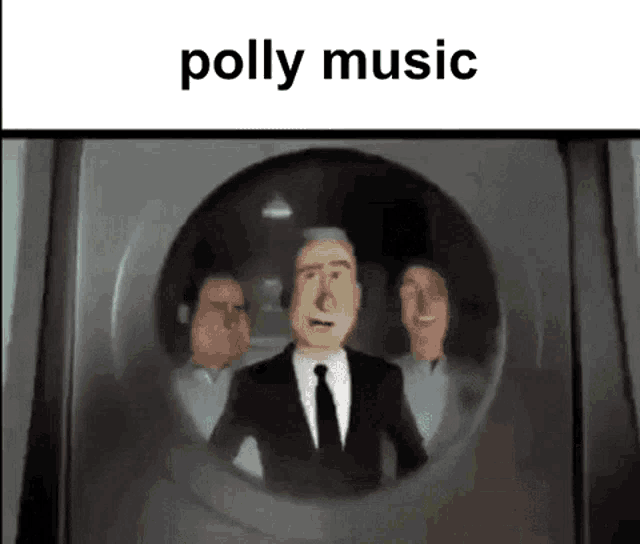 a cartoon of a man in a suit and tie with the words polly music written below him
