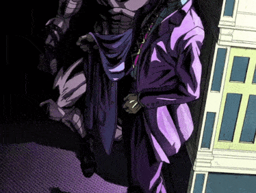 a cartoon of a man in a purple suit standing next to a building