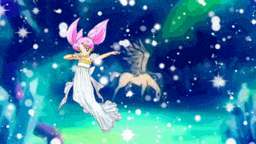 a girl with pink hair is flying in the air