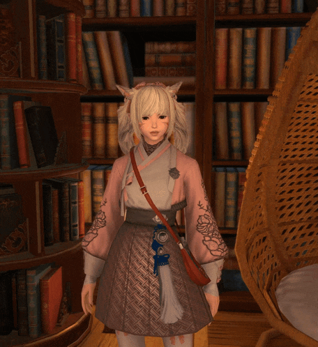 a girl in a pink dress is standing in front of a bookshelf with a book that says ' a ' on the cover