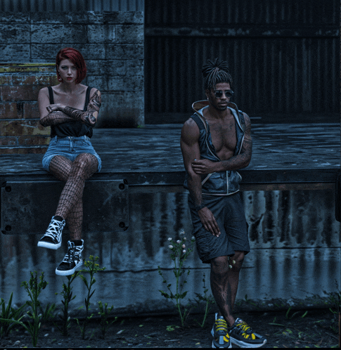 a man and a woman are standing next to each other on a ledge