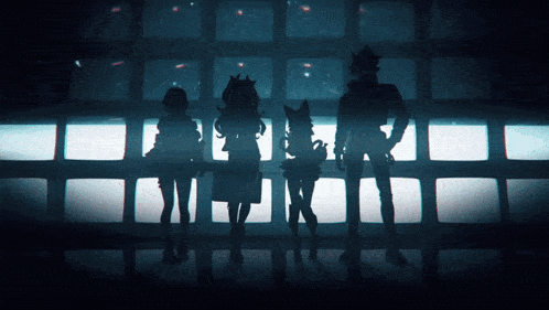 a group of anime characters are standing in front of a wall of televisions