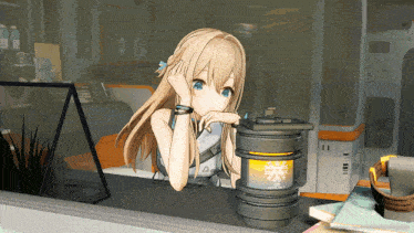 a girl sitting at a counter with a container that says ' ice ' on it in front of her
