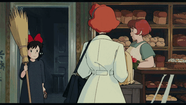a girl with a red bow on her head is holding a broom in a cartoon