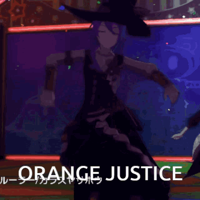 a woman in a black dress is dancing in front of a sign that says " orange justice "