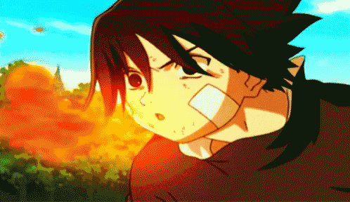 a cartoon character with a bandage on his face looks at something