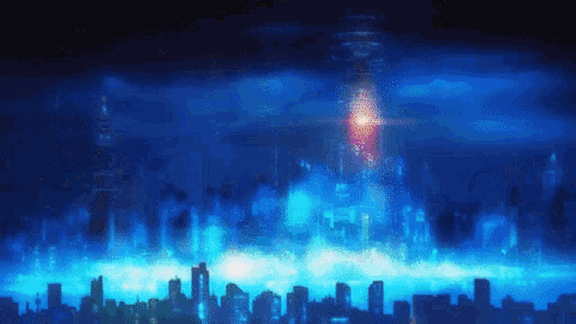 a blue background with a city in the foreground and a red light in the background