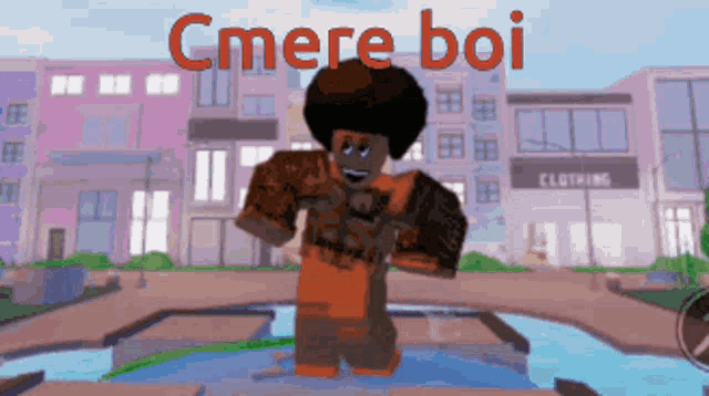 a cartoon character is standing in front of a building with the words cmere boi written on it
