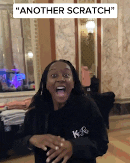 a woman is making a funny face with the caption " another scratch " above her