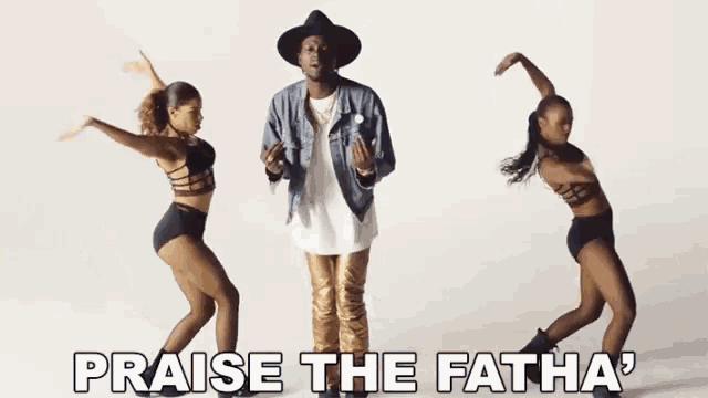 a man is dancing with two women and the words praise the fatha