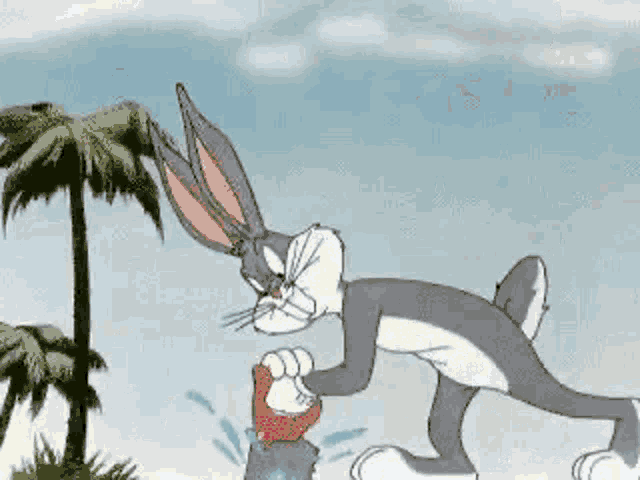 bugs bunny is drinking water from a bucket in a cartoon scene .