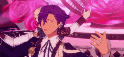 a man with purple hair is wearing a microphone and dancing on a stage .