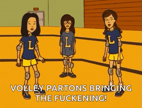 a cartoon of three girls standing next to each other on a court with the words volley partons bringing the fuckening .
