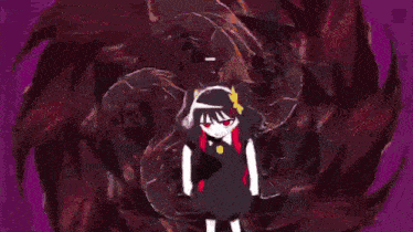 a cartoon character with red eyes and black hair
