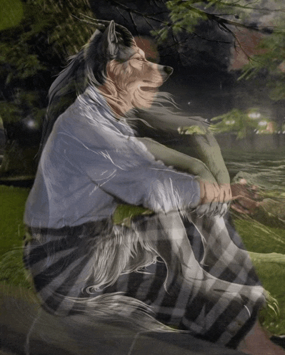 a painting of a wolf sitting next to a woman in a plaid blanket