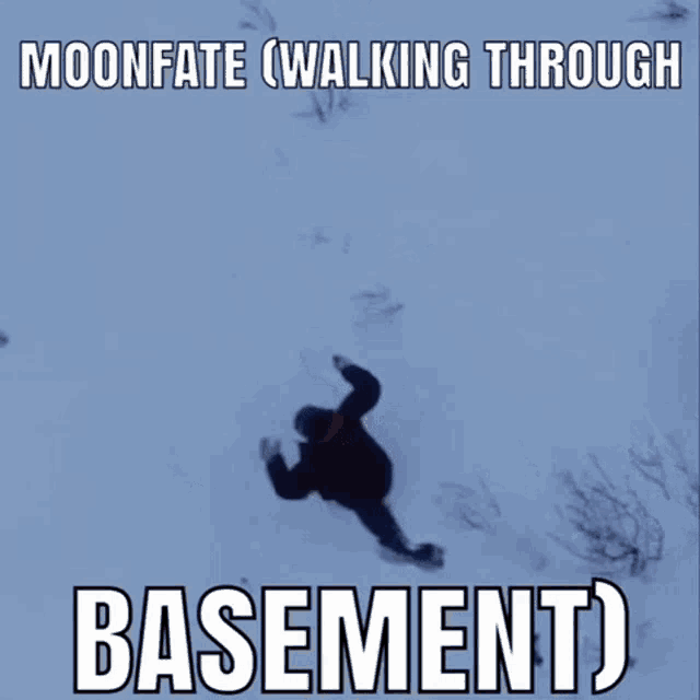 a person is walking through the snow with the caption moonfate walking through basement