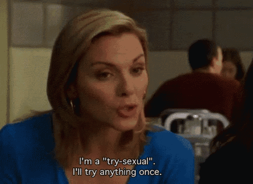 a woman in a blue shirt says " i 'm a " try-sexual "