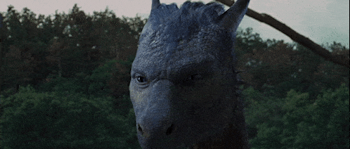 a close up of a dragon 's face in front of a forest