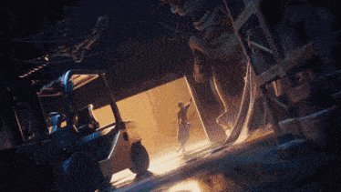 a forklift is driving through a warehouse with a giant monster behind it